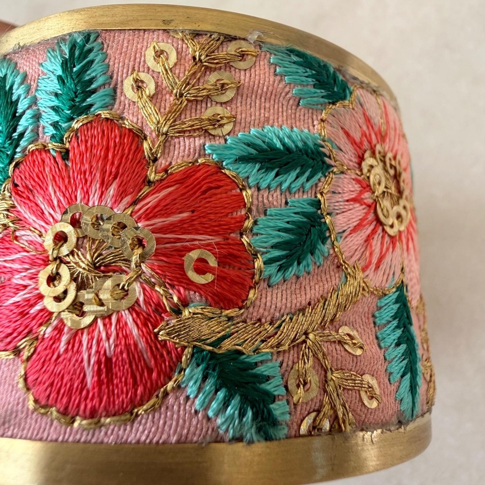 Bohemian‎ Floral Embroidered Wide Cuff Bracelet Gold Tone Pink Sequin Statement - Picture 4 of 11